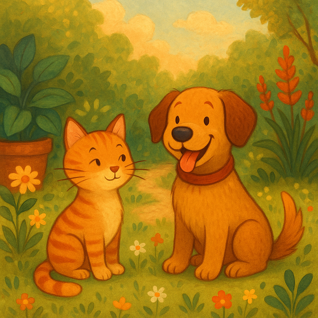 Illustration Le Chat et le Chien Amis